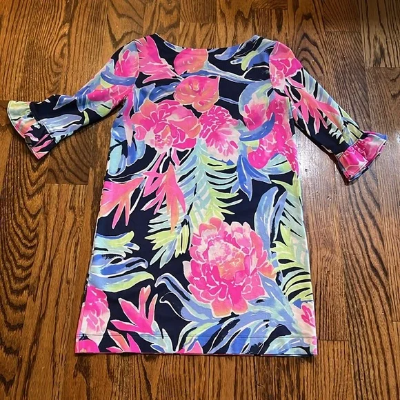 Lilly Pulitzer girls mini Sophie Ruffle Dress High Tide Navy Tropicolada XL NWT